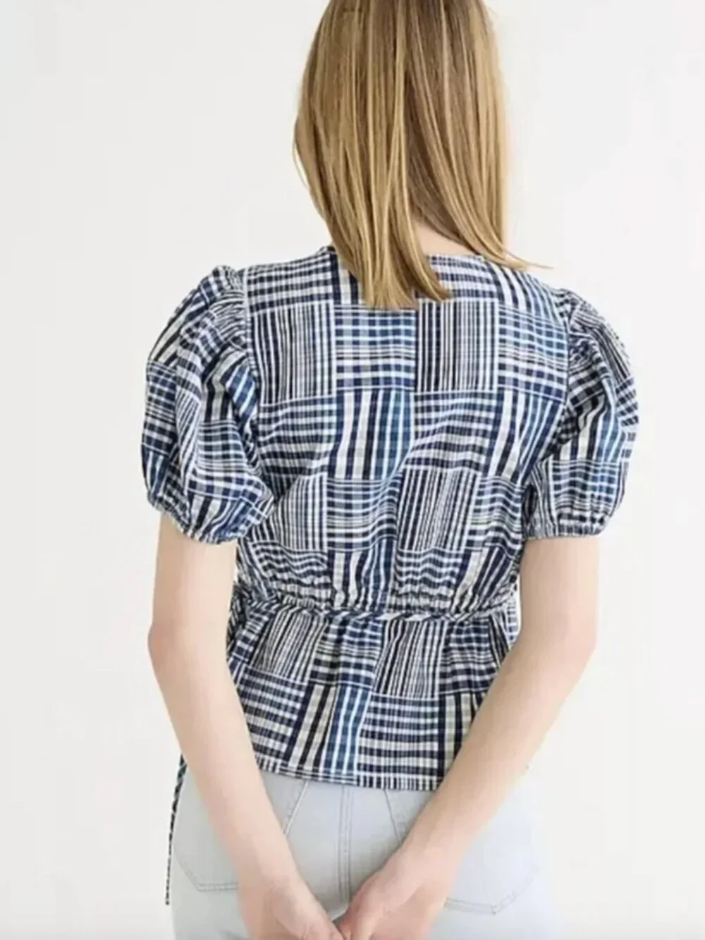 J. Crew Puff Sleeve Patchwork Denim Wrap Shirt